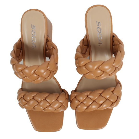 Camel Braided Open Toe Double Strap Heels - Picture 4 of 6